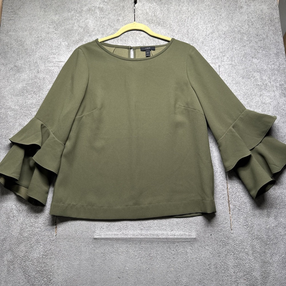 J Crew Olive Green Ruffle Sleeve Blouse Women's‎ Size 8